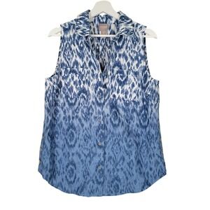 Chico's Sleeveless Button Down Women Size 1 Blue Ikat Ombre Cotton Shirt Buttons
